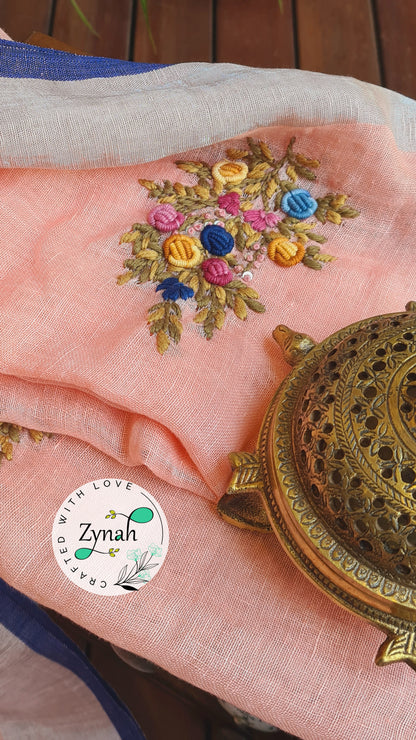 Zynah Pure Linen(120c) Handcrafted Saree with French Knot Hand Embroidery; Custom Stitched/Ready-made Blouse, Fall, Petticoat; Shipping available USA, Worldwide