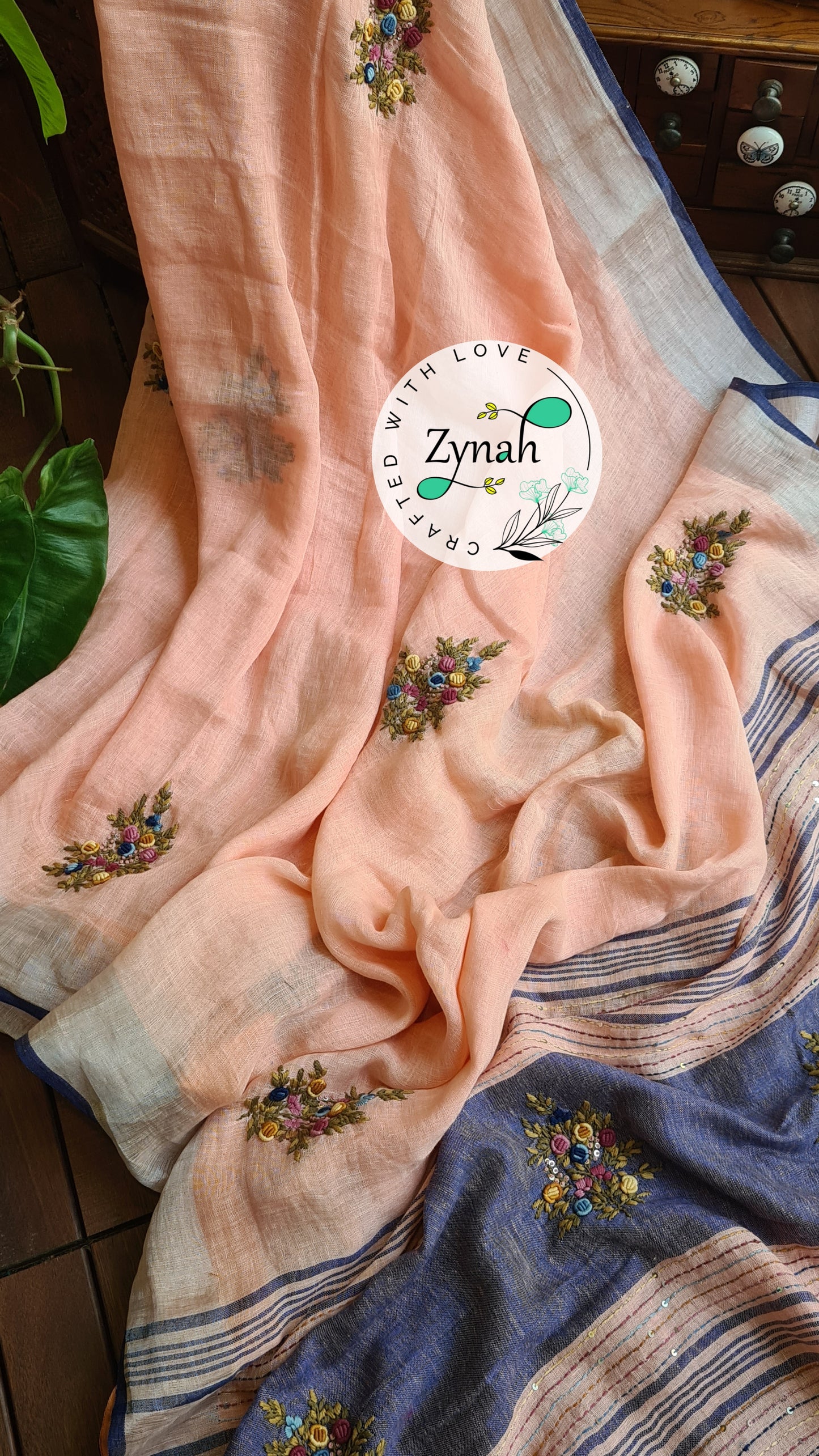Zynah Pure Linen(120c) Handcrafted Saree with French Knot Hand Embroidery; Custom Stitched/Ready-made Blouse, Fall, Petticoat; Shipping available USA, Worldwide