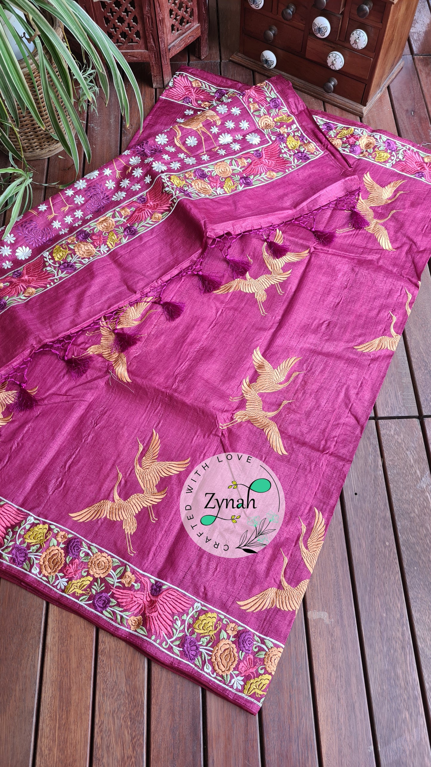 Zynah Pure Tussar Silk Parsi work Inspired Saree, Flamingo Bird Motifs; Custom Stitched/Ready-made Blouse, Fall, Petticoat; Shipping available USA, Worldwide