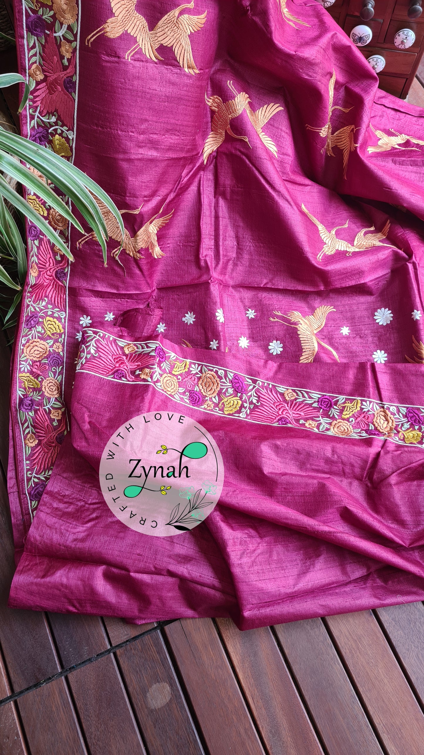 Zynah Pure Tussar Silk Parsi work Inspired Saree, Flamingo Bird Motifs; Custom Stitched/Ready-made Blouse, Fall, Petticoat; Shipping available USA, Worldwide