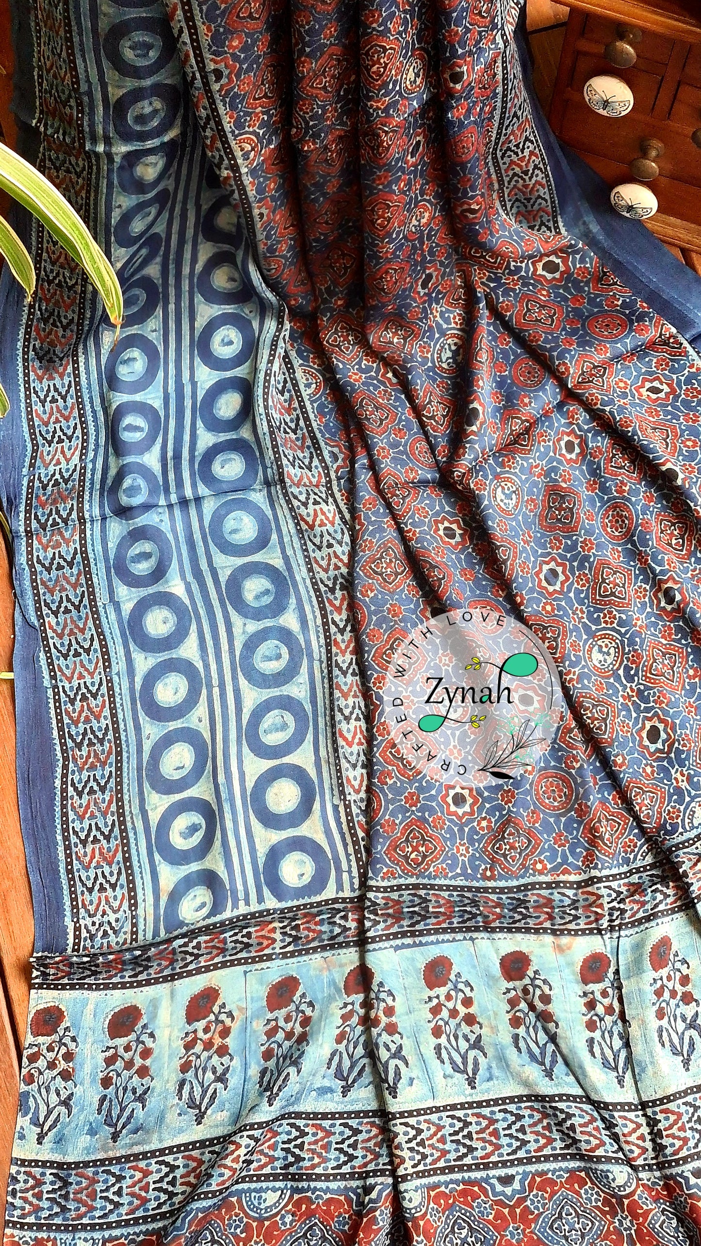 Zynah Pure Modal Silk Ajrakh Saree with Handblock Prints; Custom Stitched/Ready-made Blouse, Fall, Petticoat; Shipping available USA, Worldwide