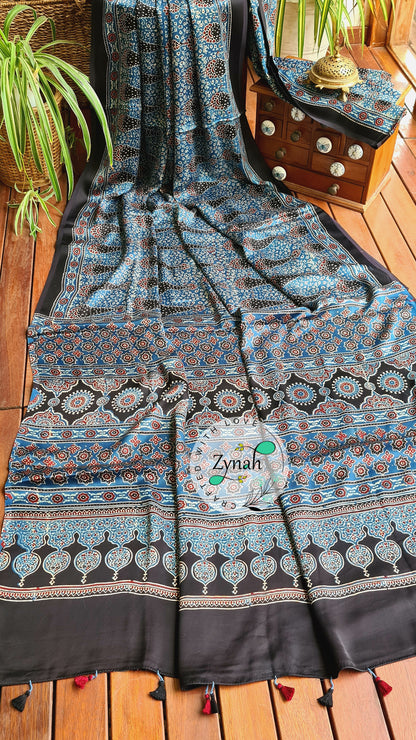 Zynah Pure Modal Silk Ajrakh Saree with Handblock Prints; Custom Stitched/Ready-made Blouse, Fall, Petticoat; Shipping available USA, Worldwide