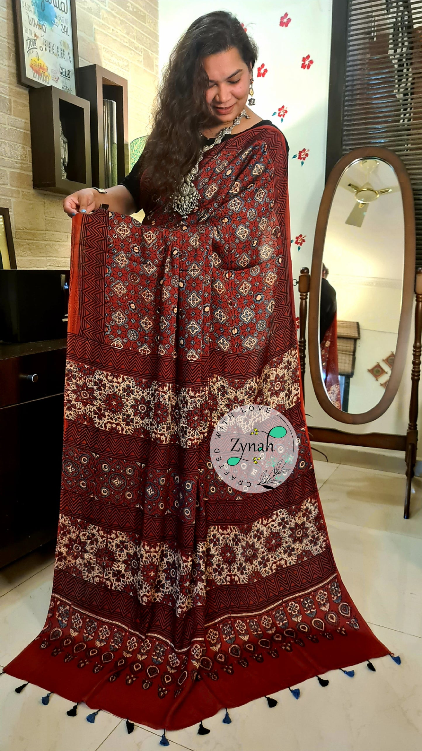 Zynah Pure Modal Silk Ajrakh Saree with Handblock Prints; Custom Stitched/Ready-made Blouse, Fall, Petticoat; Shipping available USA, Worldwide
