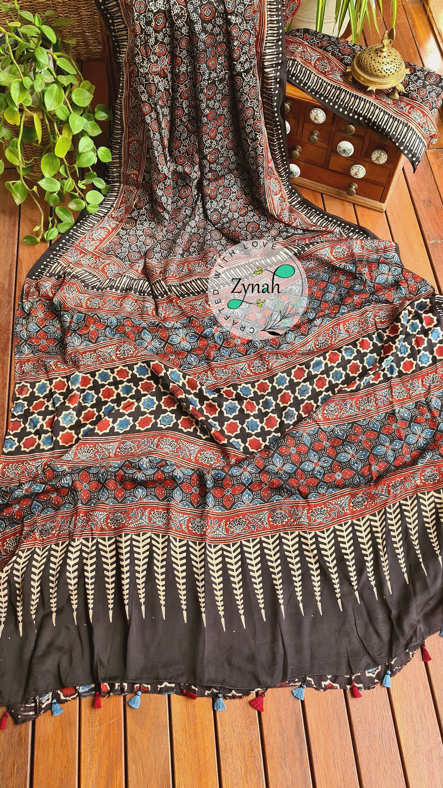 Zynah Pure Modal Silk Ajrakh Saree with Handblock Prints; Custom Stitched/Ready-made Blouse, Fall, Petticoat; Shipping available USA, Worldwide