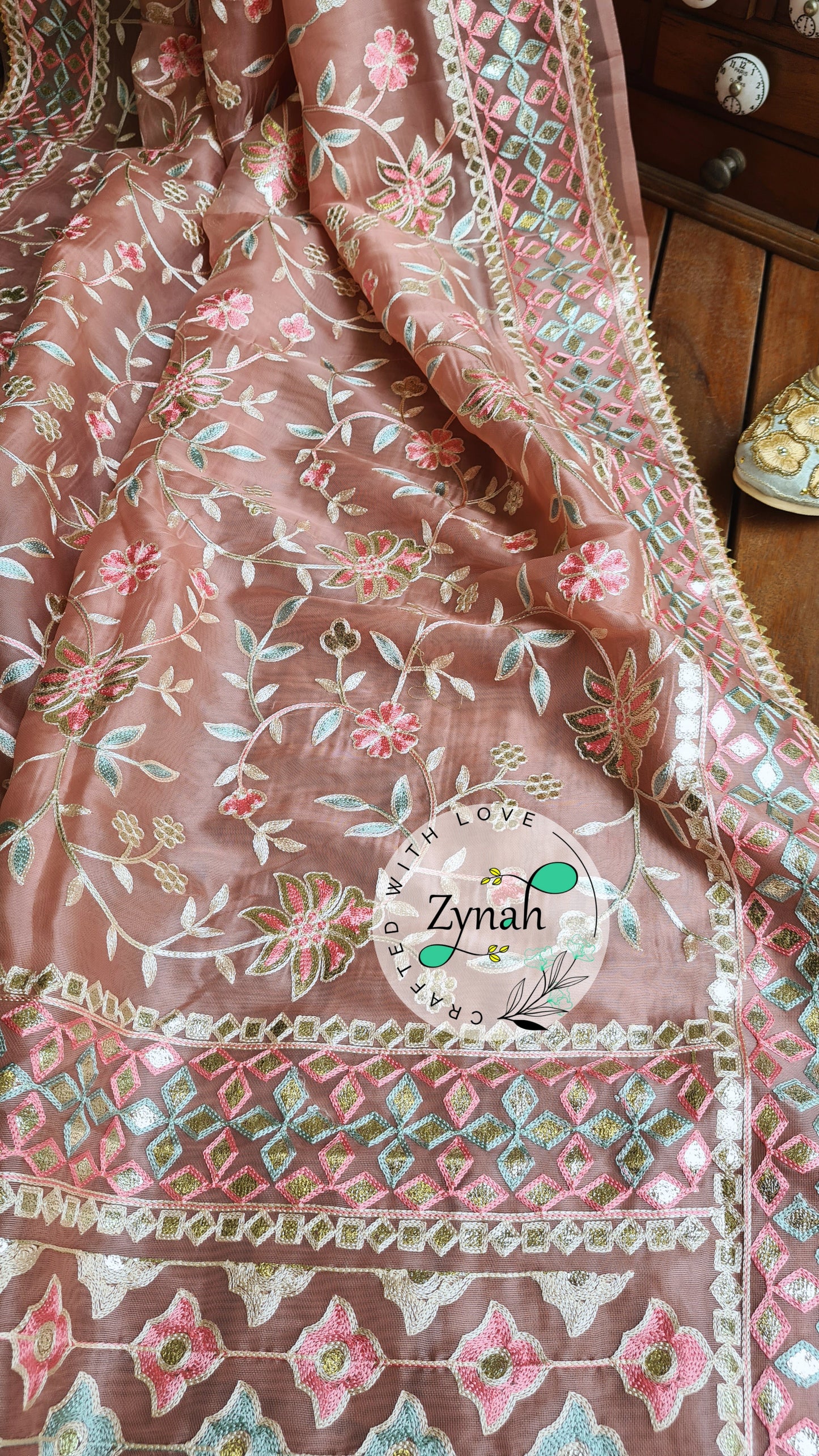 Zynah Pure Organza Silk Saree with Gotapatti Lace, Foil & Thread Embroidery Work; Custom Stitched/Ready-made Blouse, Fall, Petticoat; Shipping available USA, Worldwide