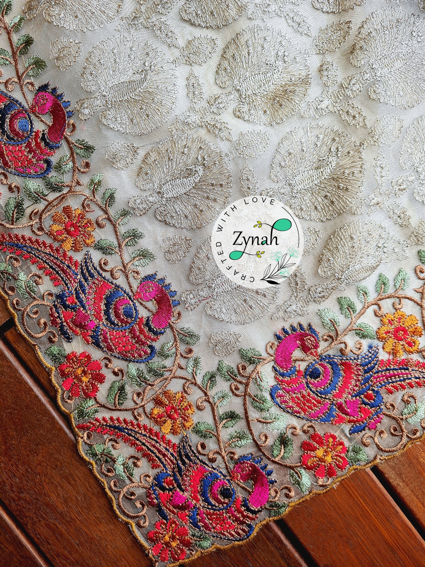 Zynah Designer Pure Kora Silk Saree with Scalloped Border & Thread Embroidery; Custom Stitched/Ready-made Blouse, Fall, Petticoat; Shipping available USA, Worldwide
