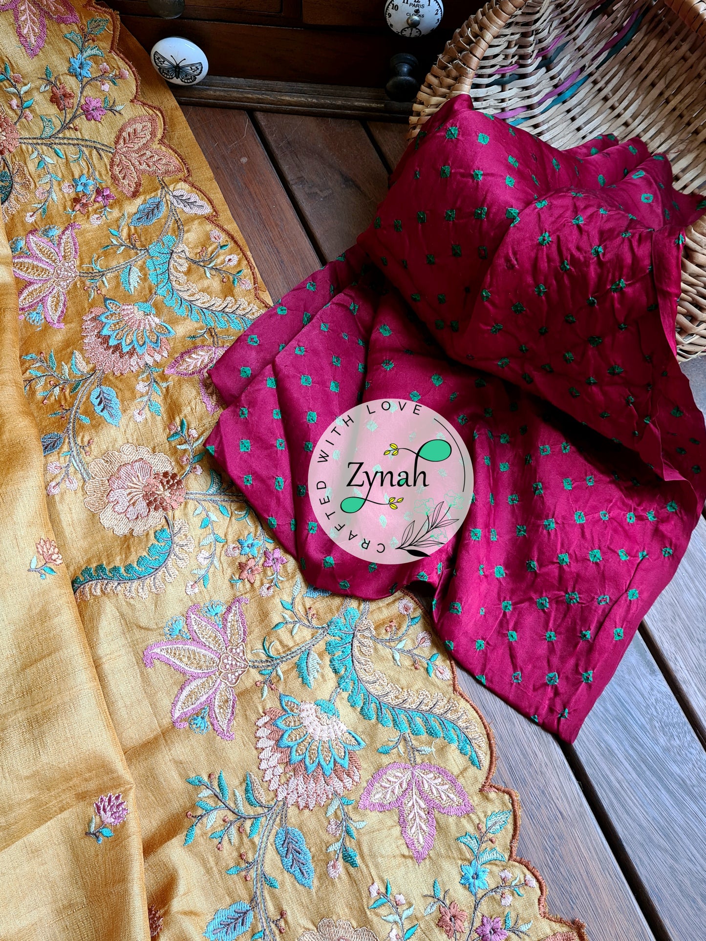 Zynah Pure Tussar Silk Embroidered Saree with Scalloped Border & 2 blouse pieces; Custom Stitched/Ready-made Blouse, Fall, Petticoat; Shipping available USA, Worldwide