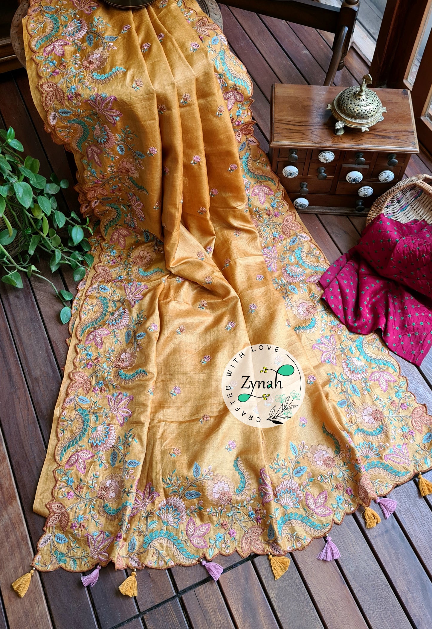 Zynah Pure Tussar Silk Embroidered Saree with Scalloped Border & 2 blouse pieces; Custom Stitched/Ready-made Blouse, Fall, Petticoat; Shipping available USA, Worldwide