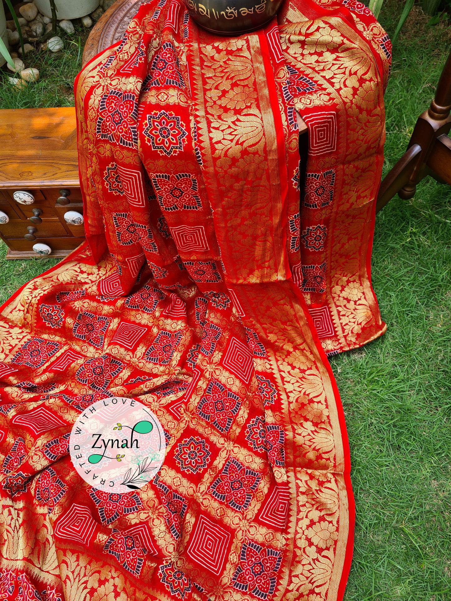 Zynah Pure Munga Silk Saree with Ajrakh Prints & Gharchola Zari Weave; Custom Stitched/Ready-made Blouse, Fall, Petticoat; Shipping available USA, Worldwide