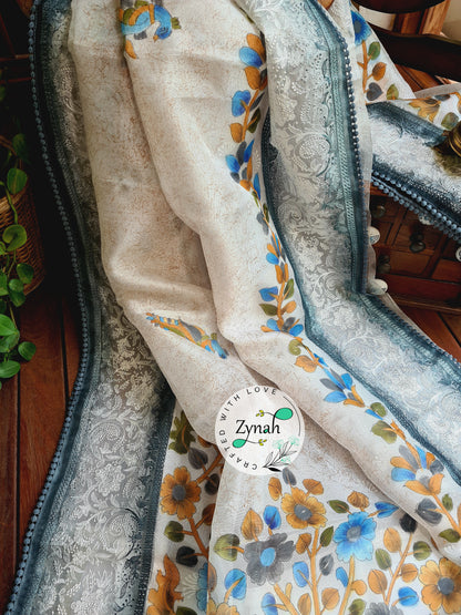 Zynah Premium Quality Pure Kora Silk Saree with Hand-painted Kalamkari Designs, Chikankari Embroidery; Custom Stitched/Ready-made Blouse, Fall, Petticoat; Shipping available USA, Worldwide