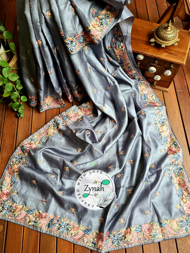Zynah Grey Color Pure Handwoven Tussar Silk Parsi Gara Inspired Resham Thread Embroidery Saree; Custom Stitched/Ready-made Blouse, Fall, Petticoat; Shipping available USA, Worldwide