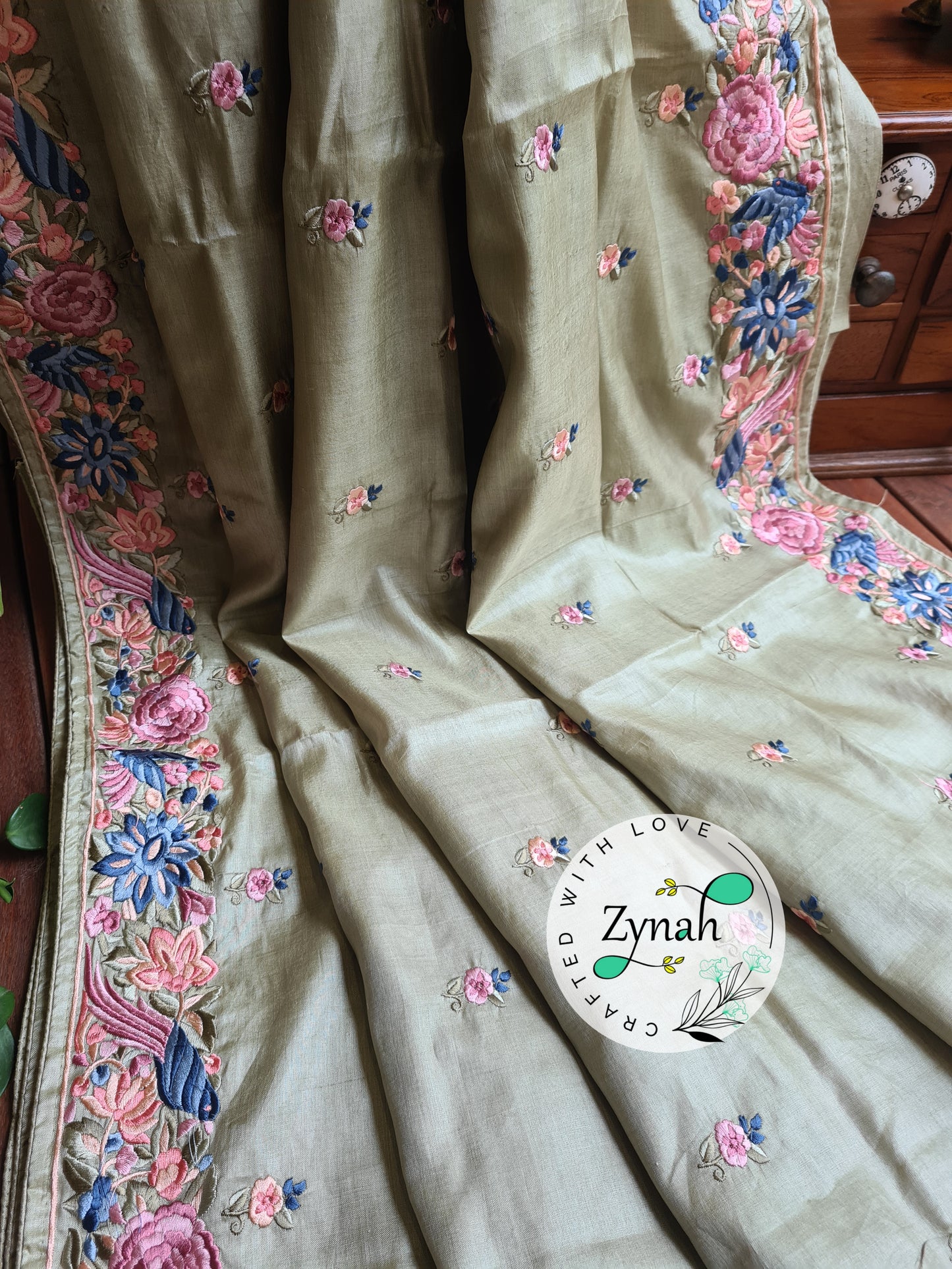 Zynah Pista Green Color Pure Handwoven Tussar Silk Parsi Gara Inspired Resham Thread Embroidery Saree; Custom Stitched/Ready-made Blouse, Fall, Petticoat; Shipping available USA, Worldwide