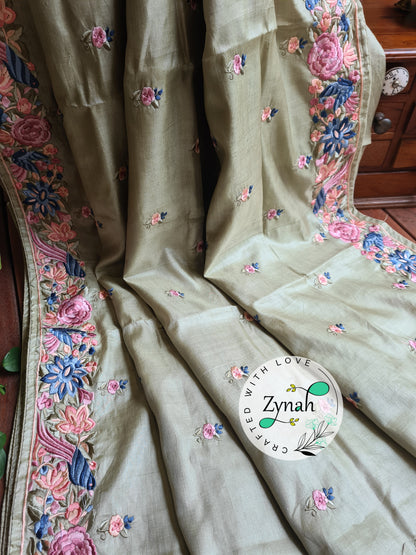 Zynah Pista Green Color Pure Handwoven Tussar Silk Parsi Gara Inspired Resham Thread Embroidery Saree; Custom Stitched/Ready-made Blouse, Fall, Petticoat; Shipping available USA, Worldwide