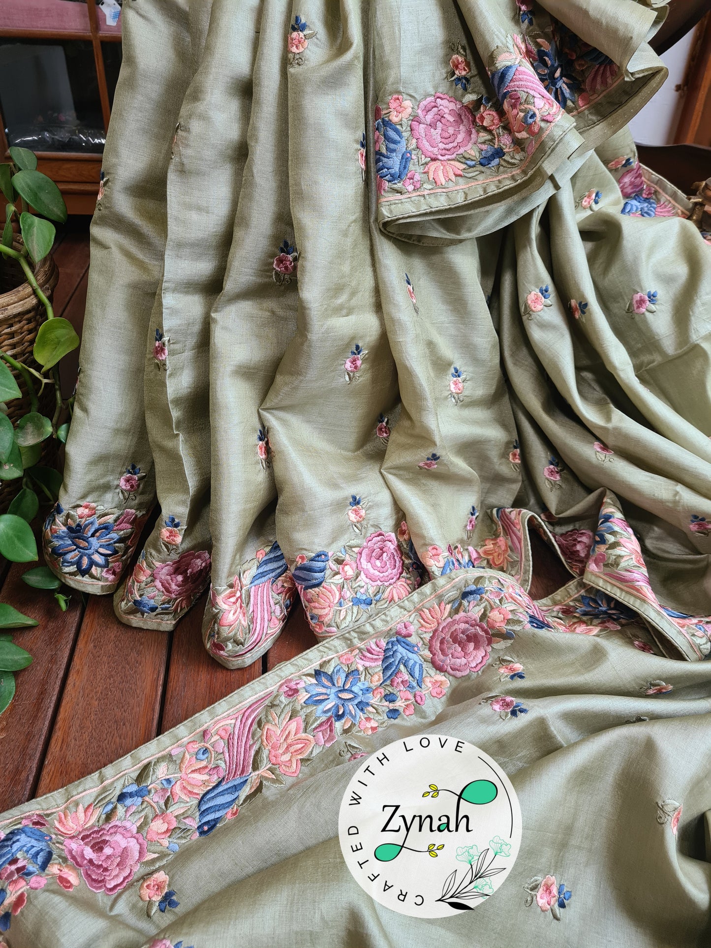Zynah Pista Green Color Pure Handwoven Tussar Silk Parsi Gara Inspired Resham Thread Embroidery Saree; Custom Stitched/Ready-made Blouse, Fall, Petticoat; Shipping available USA, Worldwide
