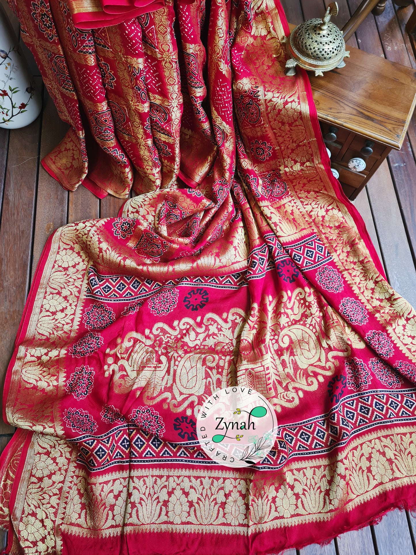 Zynah Pure Munga Silk Saree with Ajrakh Prints & Gharchola Zari Weave; Custom Stitched/Ready-made Blouse, Fall, Petticoat; Shipping available USA, Worldwide