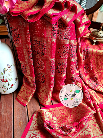 Zynah Pure Munga Silk Saree with Ajrakh Prints & Gharchola Zari Weave; Custom Stitched/Ready-made Blouse, Fall, Petticoat; Shipping available USA, Worldwide