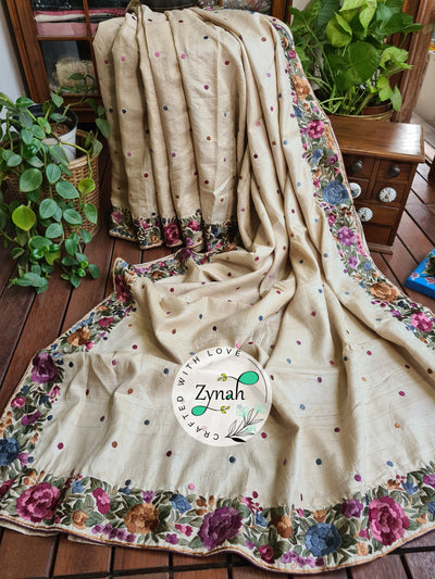 Zynah Off-white Color Made to Order Pure Tussar Silk Parsi Gara Handcrafted Saree; Custom Stitched/Ready-made Blouse, Fall, Petticoat; Shipping available USA, Worldwide