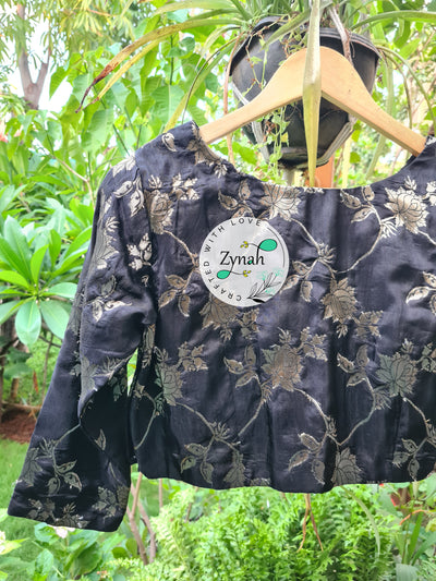 Zynah Pre-order Pure Silk Black Color Blouse with Zari Weave; Shipping available USA & Worldwide