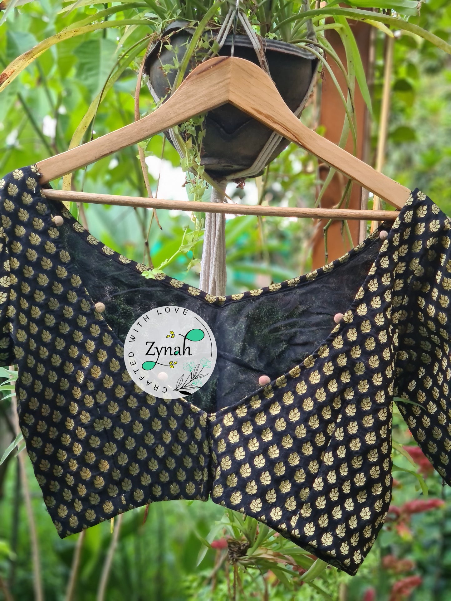 Zynah Pre-order Pure Silk Black Color Blouse with Butis weave; Shipping available USA & Worldwide