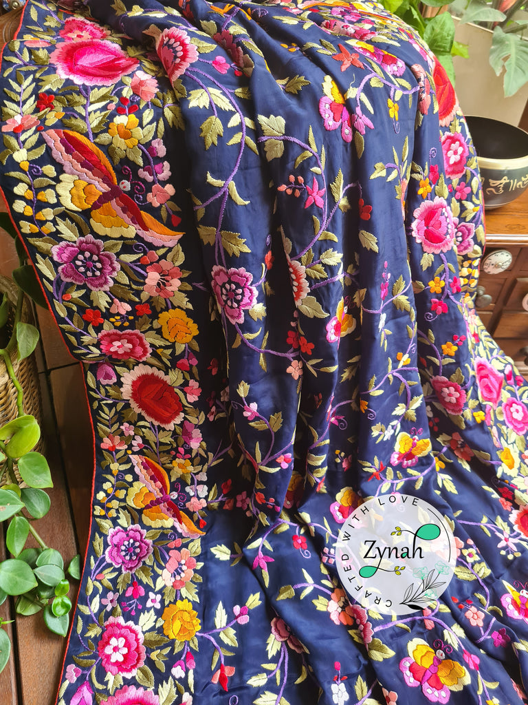 Zynah Blue Color Pure Crepe Silk Parsi Gara Handcrafted Saree; Custom Stitched/Ready-made Blouse, Fall, Petticoat; Shipping available USA, Worldwide