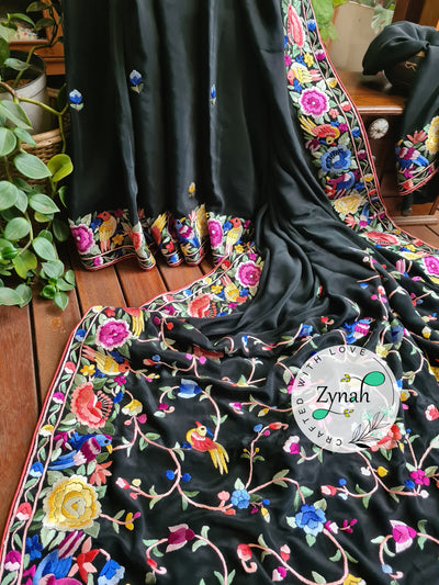 Zynah Black Color Pure Crepe Silk Parsi Gara Handcrafted Saree; Custom Stitched/Ready-made Blouse, Fall, Petticoat; Shipping available USA, Worldwide