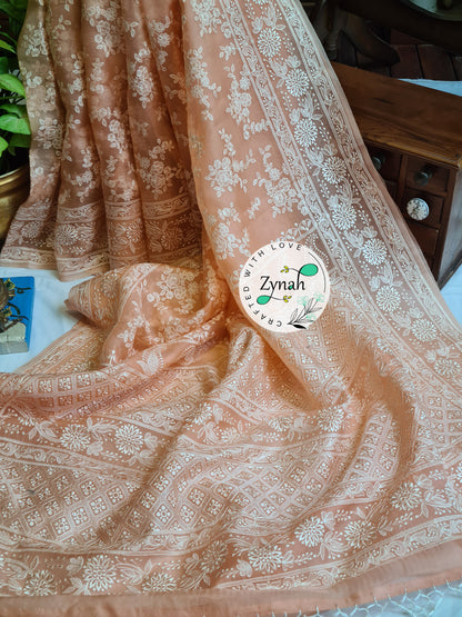 Zynah Peach Color Pure Organza Chikankari Saree in Pastel Shade; Custom Stitched/Ready-made Blouse, Fall, Petticoat; Shipping available USA, Worldwide