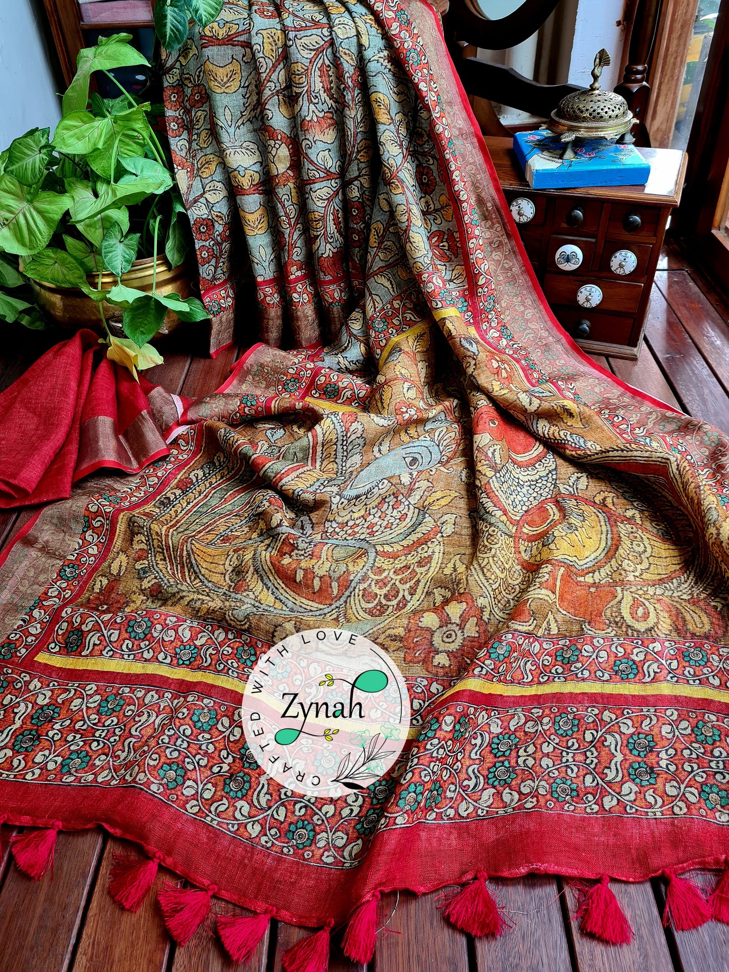 Zynah Blue Color Kalamkari Organic Lab Tested 120 Count pure 'Linen by Linen' Saree; Custom Stitched/Ready-made Blouse, Fall, Petticoat; Shipping available USA, Worldwide