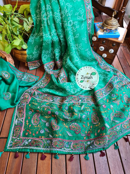 Zynah Green Color Pure Organza Silk Saree with Bandhani Prints & Kantha Embroidery; Custom Stitched/Ready-made Blouse, Fall, Petticoat; Shipping available USA, Worldwide