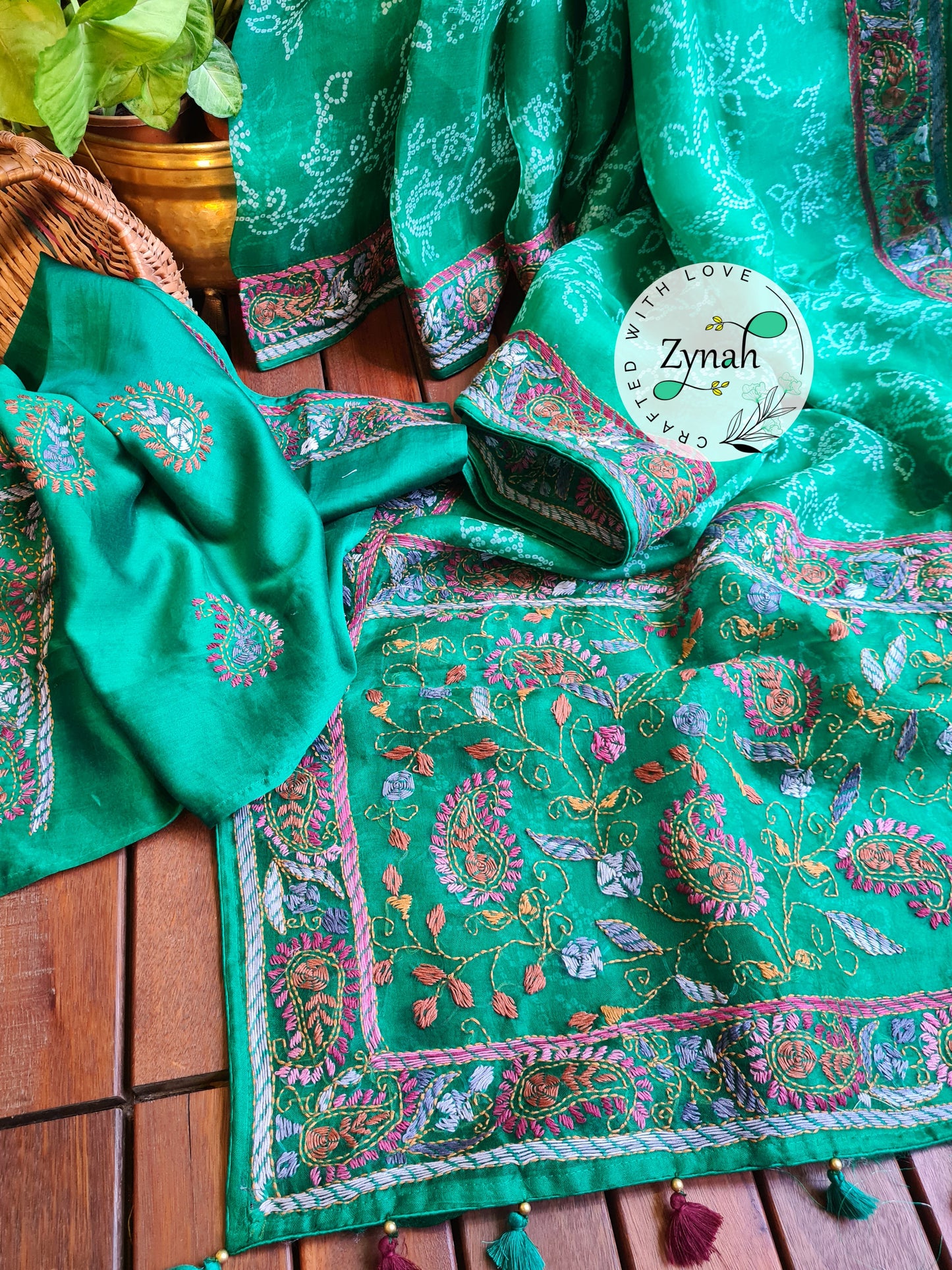 Zynah Green Color Pure Organza Silk Saree with Bandhani Prints & Kantha Embroidery; Custom Stitched/Ready-made Blouse, Fall, Petticoat; Shipping available USA, Worldwide