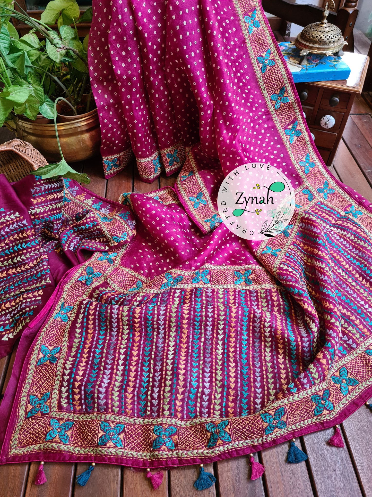 Zynah Pink Color Pure Organza Silk Saree with Bandhani Prints & Kantha Embroidery; Custom Stitched/Ready-made Blouse, Fall, Petticoat; Shipping available USA, Worldwide