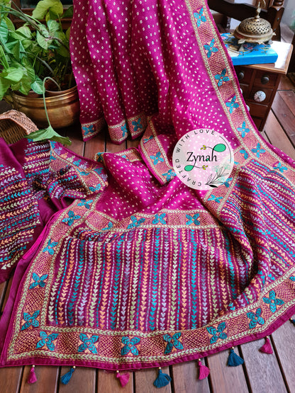 Zynah Pink Color Pure Organza Silk Saree with Bandhani Prints & Kantha Embroidery; Custom Stitched/Ready-made Blouse, Fall, Petticoat; Shipping available USA, Worldwide
