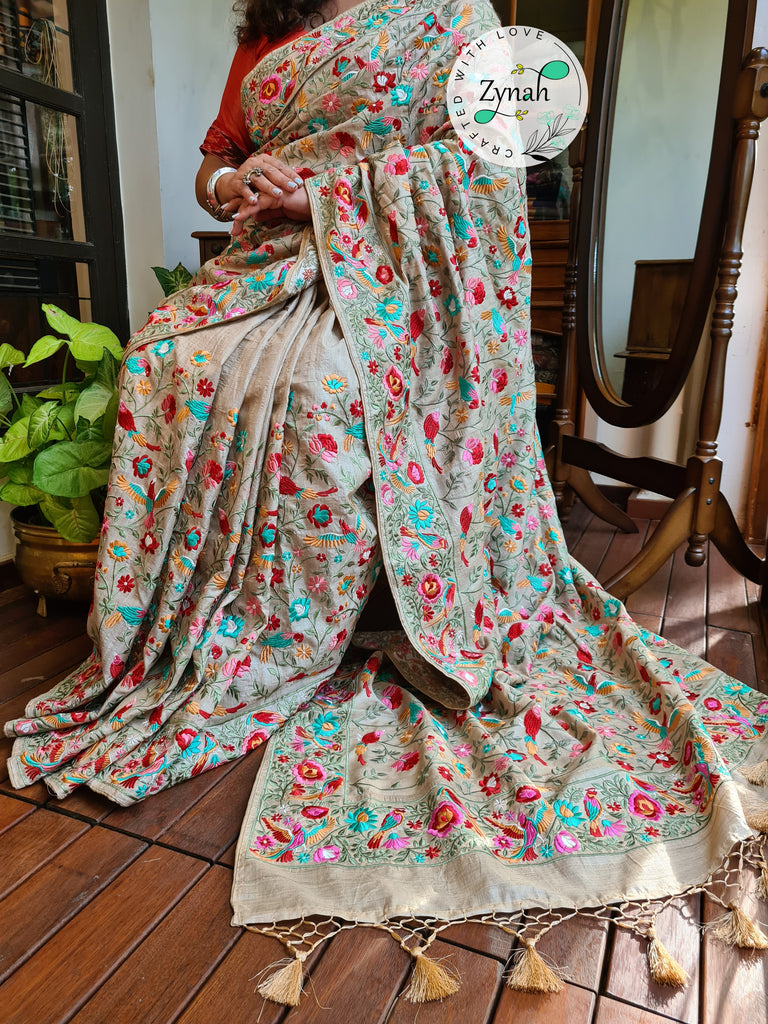 Zynah Tussar Color 2 Pure Tussar Silk Parsi Gara Inspired Embroidery Saree; Custom Stitched/Ready-made Blouse, Fall, Petticoat; Shipping available USA, Worldwide