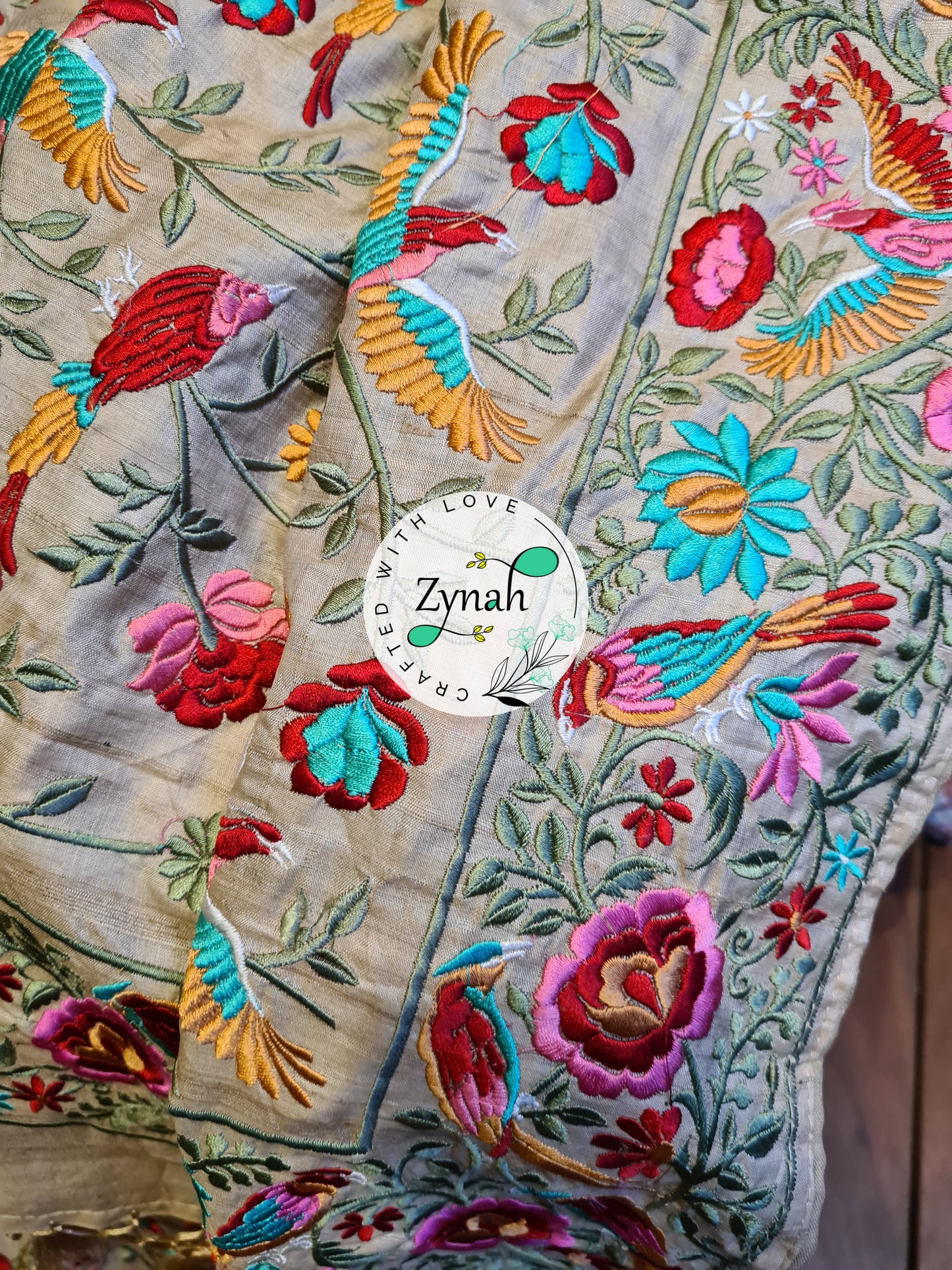 Zynah Tussar Color 2 Pure Tussar Silk Parsi Gara Inspired Embroidery Saree; Custom Stitched/Ready-made Blouse, Fall, Petticoat; Shipping available USA, Worldwide