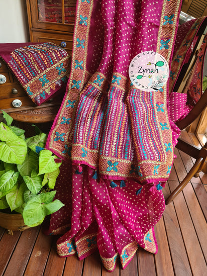 Zynah Pink Color Pure Organza Silk Saree with Bandhani Prints & Kantha Embroidery; Custom Stitched/Ready-made Blouse, Fall, Petticoat; Shipping available USA, Worldwide