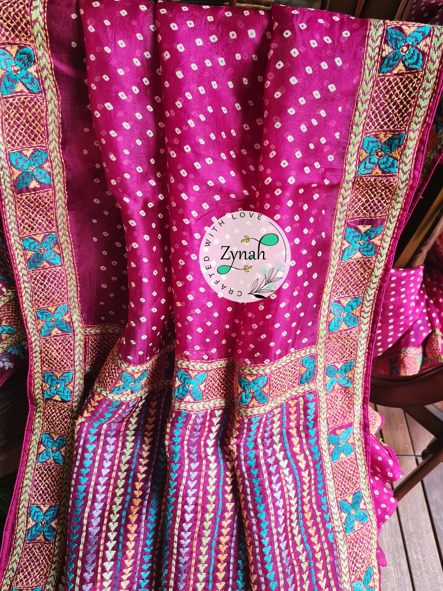 Zynah Pink Color Pure Organza Silk Saree with Bandhani Prints & Kantha Embroidery; Custom Stitched/Ready-made Blouse, Fall, Petticoat; Shipping available USA, Worldwide