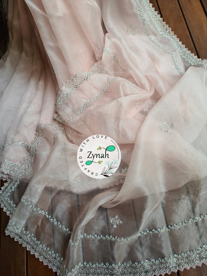 Zynah Light Pink Color Pure Organza Silk Saree with Sequence, Pearls & Cut-dana Work; Custom Stitched/Ready-made Blouse, Fall, Petticoat; Shipping available USA, Worldwide