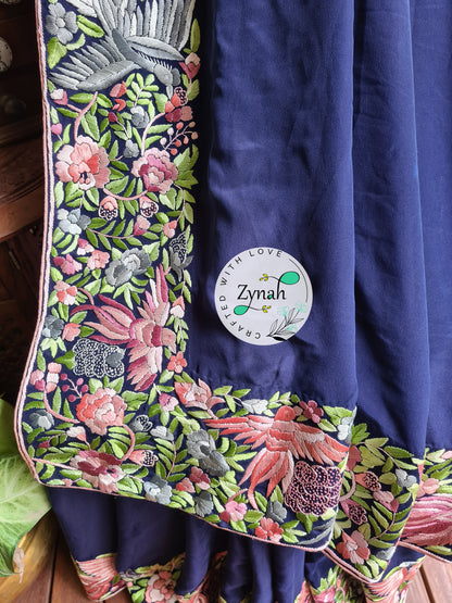 Zynah Blue Color Made to Order Pure Crepe Silk Parsi Gara Handcrafted Saree; Custom Stitched/Ready-made Blouse, Fall, Petticoat; Shipping available USA, Worldwide