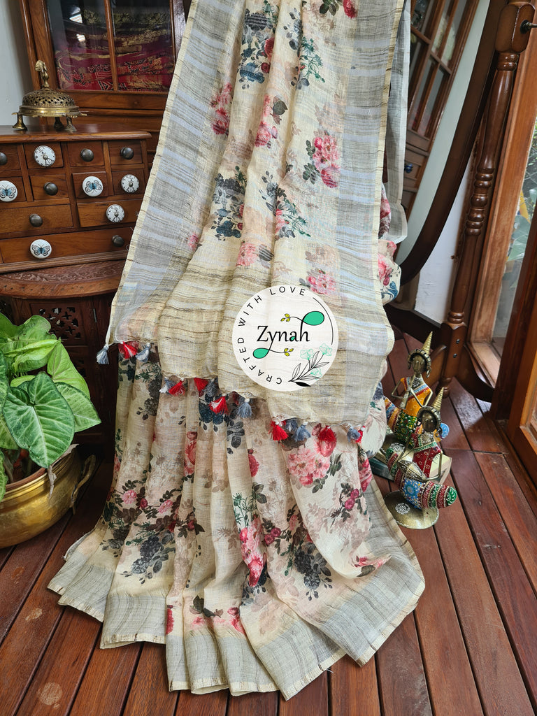 Zynah Off-white Color Organic Pure Linen by Linen(120c) Saree with Digital Floral Prints & Zari Border; Custom Stitched/Ready-made Blouse, Fall, Petticoat; Shipping available USA, Worldwide