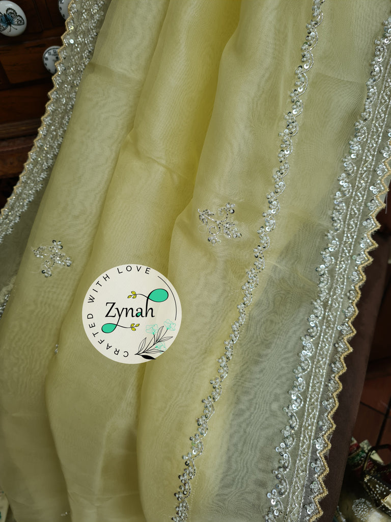 Zynah Yellow Color Pure Organza Silk Saree with Sequence, Pearls & Cut-dana Work; Custom Stitched/Ready-made Blouse, Fall, Petticoat; Shipping available USA, Worldwide