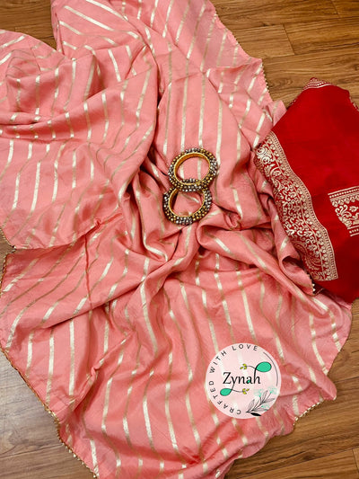 Zynah Pure Munga Silk Saree with Diagonal Stripes, Lehariya Style Weaving & Lace Border; Custom Stitched/Ready-made Blouse, Fall, Petticoat; Shipping available USA, Worldwide