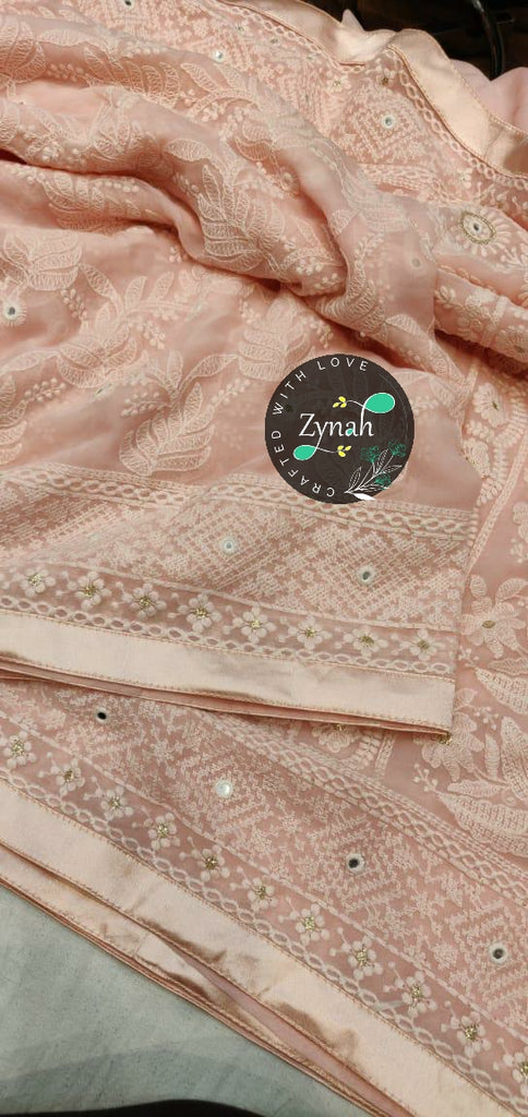 Zynah Pure Georgette Chikankari Saree with Glitter Work and Satin Lace Border; Custom Stitched/Ready-made Blouse, Fall, Petticoat; Shipping available USA, Worldwide