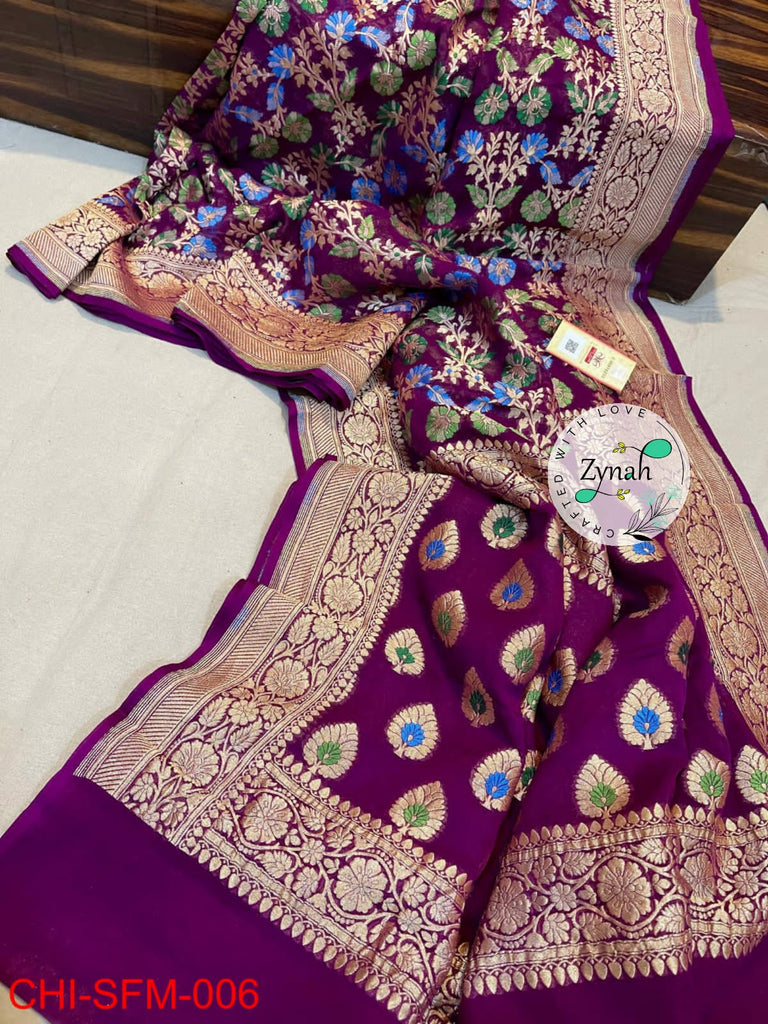 Zynah Pure Khaddi Georgette Meenakari Saree with Golden Zari Weave; Custom Stitched/Ready-made Blouse, Fall, Petticoat; Shipping available USA, Worldwide