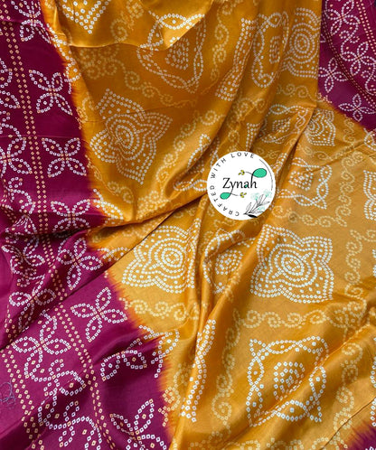 Zynah Pure Gajji Silk Bandhani Saree with Tissue Zari Pallu; Custom Stitched/Ready-made Blouse, Fall, Petticoat; Shipping available USA, Worldwide