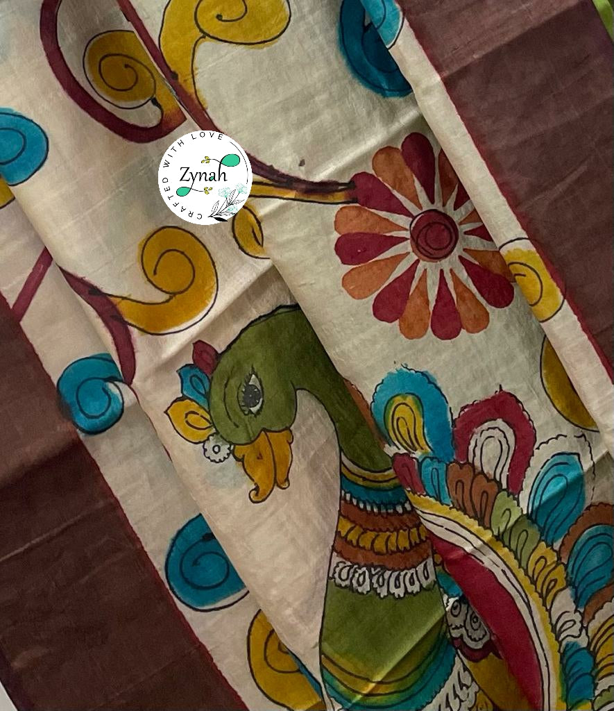 Zynah Pure Tussar Silk Hand-painted Kalamkari Saree; Custom Stitched/Ready-made Blouse, Fall, Petticoat; Shipping available USA, Worldwide