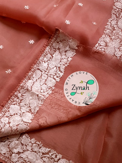 Zynah Pure Organza Silk Saree with Parsi Gara Embroidery & Crochet Lace; Custom Stitched/Ready-made Blouse, Fall, Petticoat; Shipping available USA, Worldwide