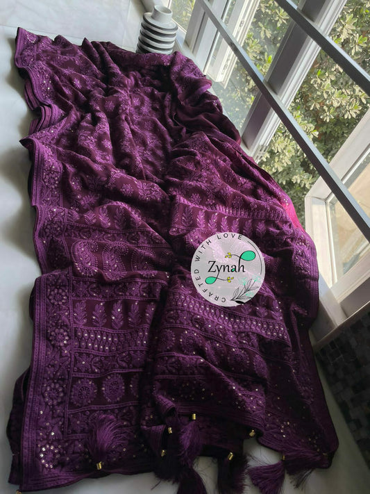 Zynah Pure Georgette Saree with Chikankari Work; Custom Stitched/Ready-made Blouse, Fall, Petticoat; Shipping available USA, Worldwide