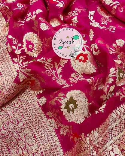 Zynah Pink Color Pure Khaddi Georgette Banarasi Saree with Golden Zari & Meenakari Weaved Motifs; Custom Stitched/Ready-made Blouse, Fall, Petticoat; Shipping available USA, Worldwide
