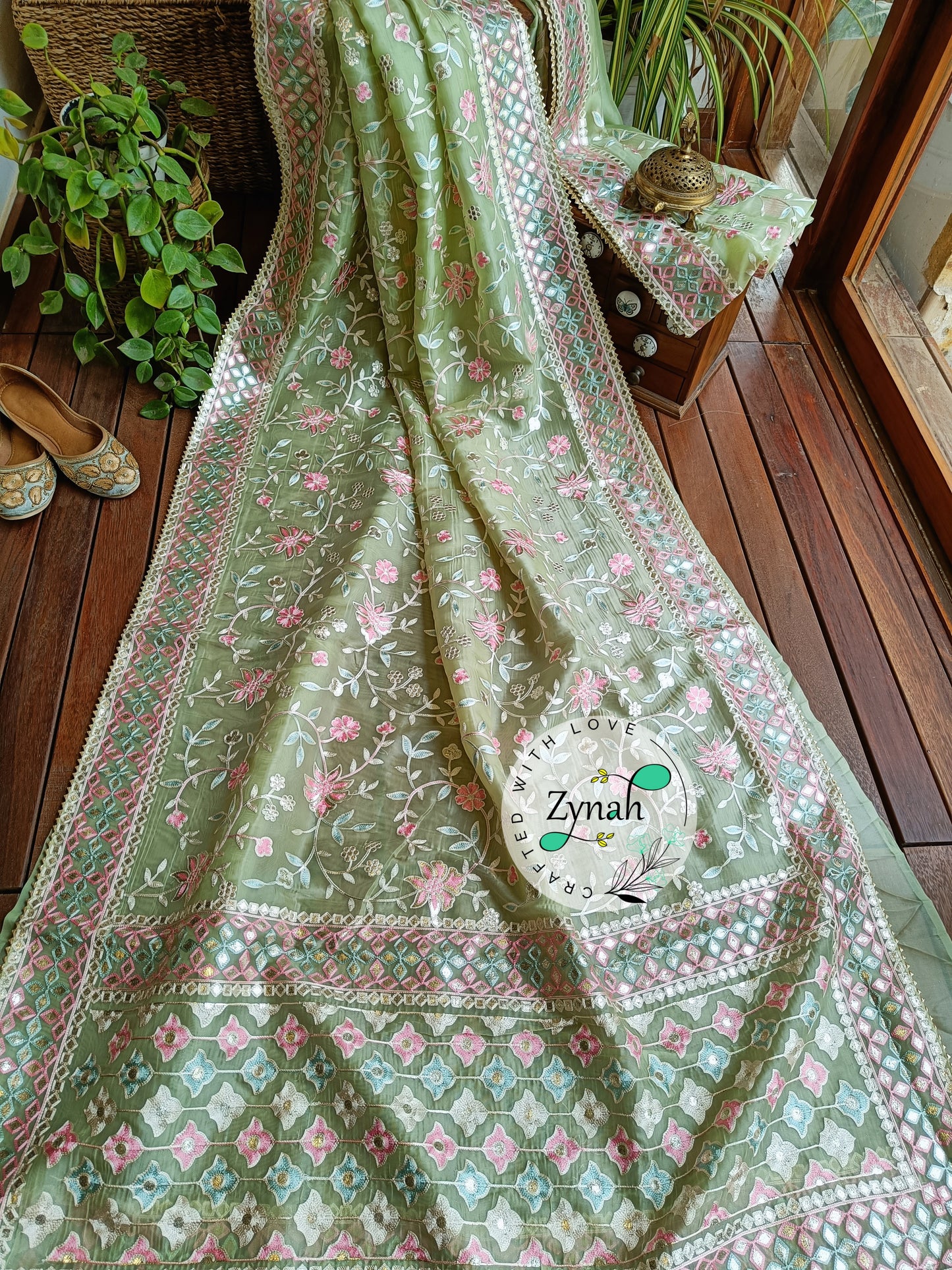 Zynah Pure Organza Silk Saree with Gotapatti Lace, Foil & Thread Embroidery Work; Custom Stitched/Ready-made Blouse, Fall, Petticoat; Shipping available USA, Worldwide