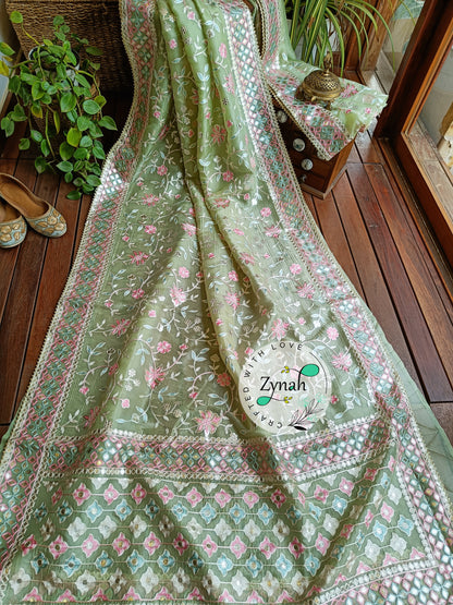 Zynah Pure Organza Silk Saree with Gotapatti Lace, Foil & Thread Embroidery Work; Custom Stitched/Ready-made Blouse, Fall, Petticoat; Shipping available USA, Worldwide