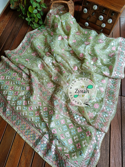 Zynah Pure Organza Silk Saree with Gotapatti Lace, Foil & Thread Embroidery Work; Custom Stitched/Ready-made Blouse, Fall, Petticoat; Shipping available USA, Worldwide